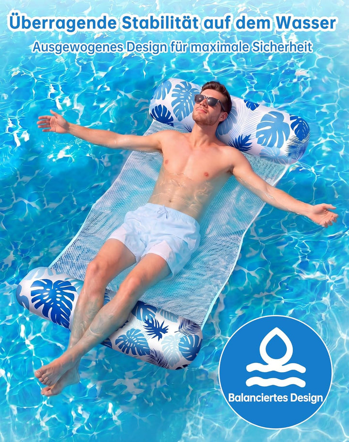 2 Stück Luftmatratze Pool XL - 4 in 1 Wasserhängematte mit Kopfstütze - Aufblasbare Luftmatratze Was
