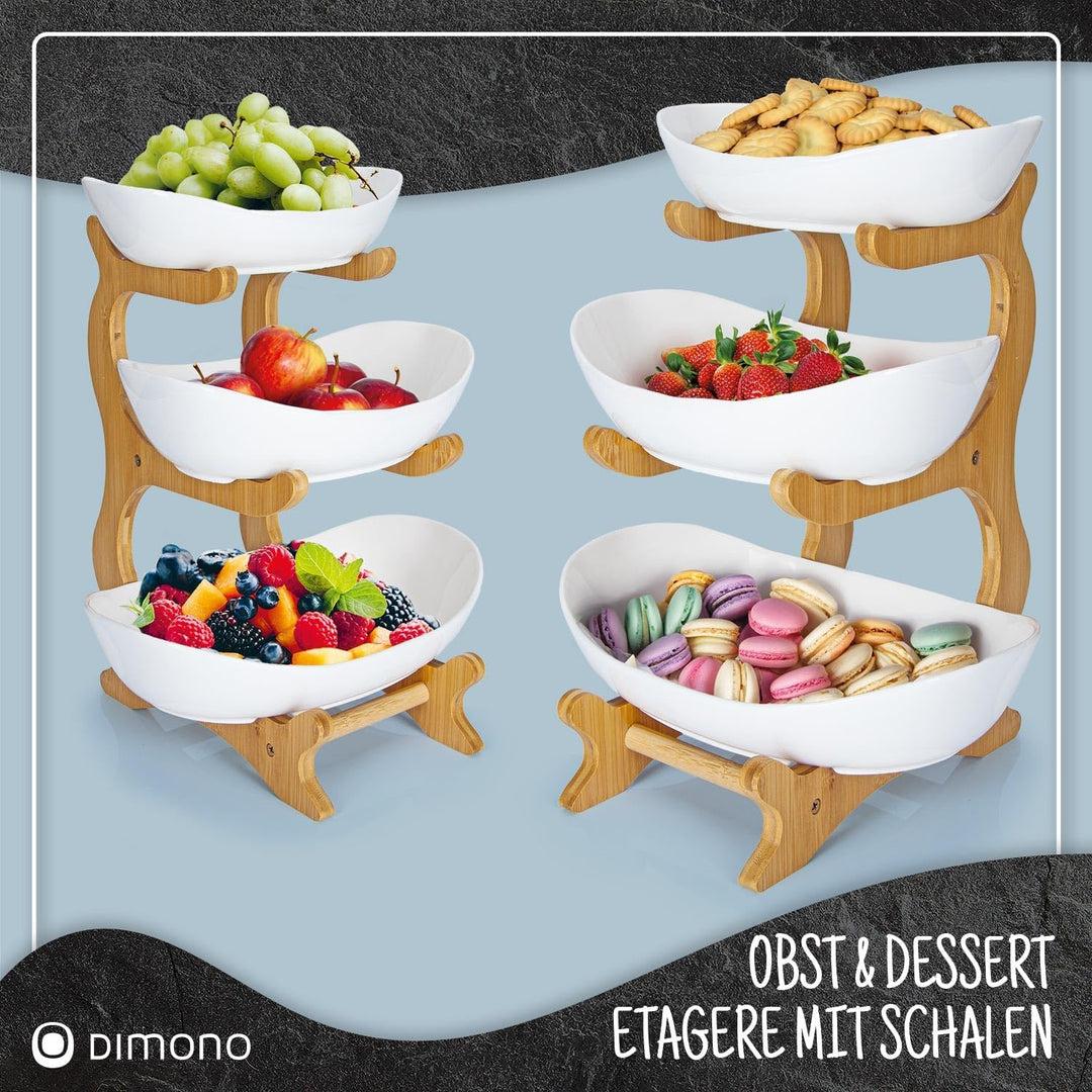 Dimono® Etagere Deluxe Servier-Ständer; 3-Etagen Keramik-Servierschalen; Obst- & Gemüseschale mit Ba