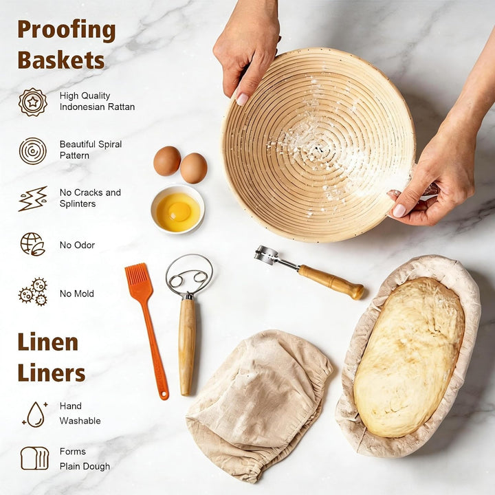Sauerteig Starter Set Komplett Gärkörbchen Rund &amp; Oval aus Rattan | Teigbesen &amp; Schaber, Starterglas