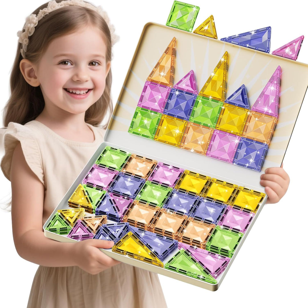 Magnetische Bausteine, 60 Teile Magnetspielzeug Tiles Magnetbausteine Kinder mit grossem Eisenkasten