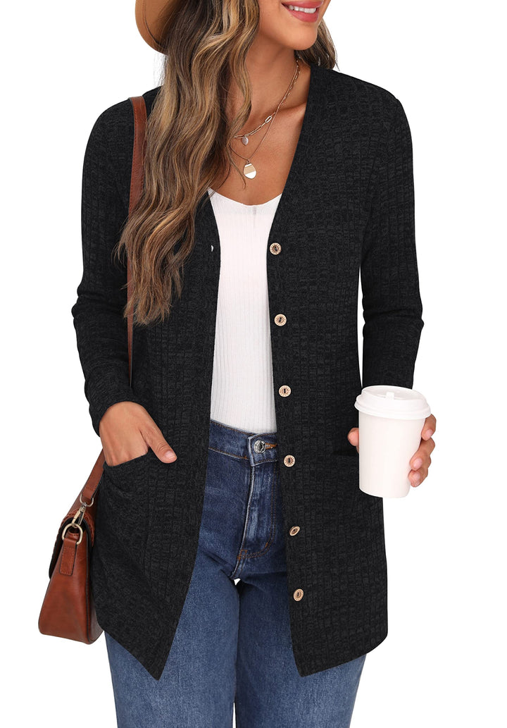 GRECERELLE Damen Leichte Strickjacke Lang mit Taschen und Knöpfen Long Elegant Cardigan V-Ausschnitt