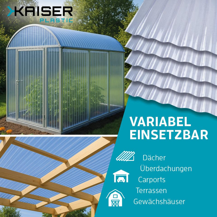 KAISER plastic® Wellplatte Sinus | Xtra Strong (PC) | Glatt und klar | 0,8mm Stärke | Welle 76/18 |