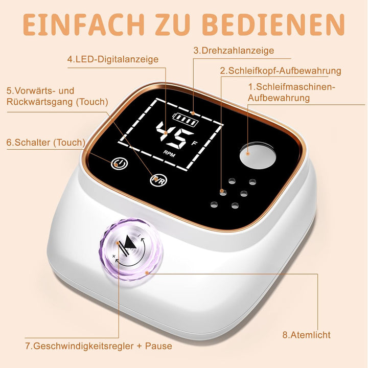 Professionelle Elektrische Nagelfeile 45000U/M für Gelnägel und Acrylnägel mit LCD-Display, Bit-Lock