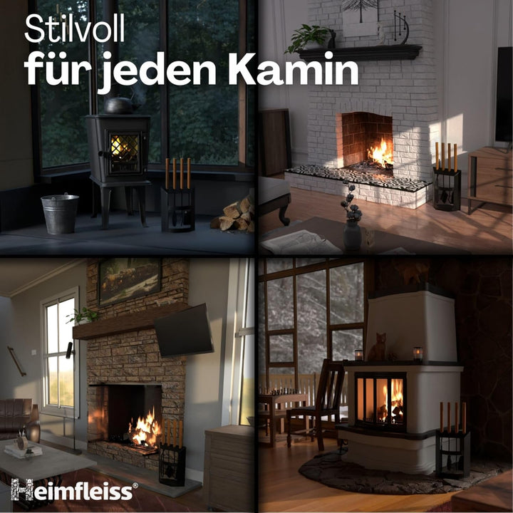 Heimfleiss® Kaminbesteck Schwarz Modern | Premium Ofenbesteck Kaminbesteck Set | Kaminzubehör mit Ho