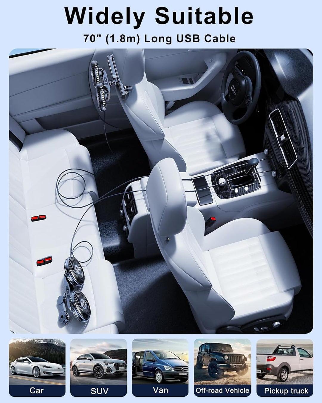 Auto-Ventilator für Rücksitz, 360 ° drehbar Autositz-Ventilator für Baby nach hinten gerichtet, 3 Ge