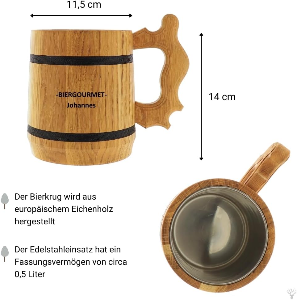 HOFMEISTER® Holz-Bierkrug mit Edelstahleinsatz - 500 ml - personalisierbar mit Name &amp; Motiv - tolle
