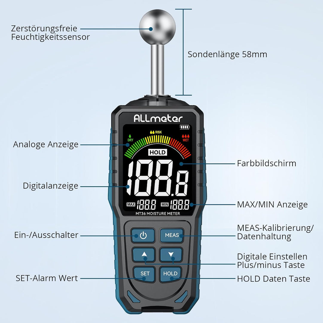 ALLmeter Wiederaufladbar Feuchtigkeitsmessgerät Feuchtigkeitsmesser 5-40 mm Analysetiefe mit Stoffbe