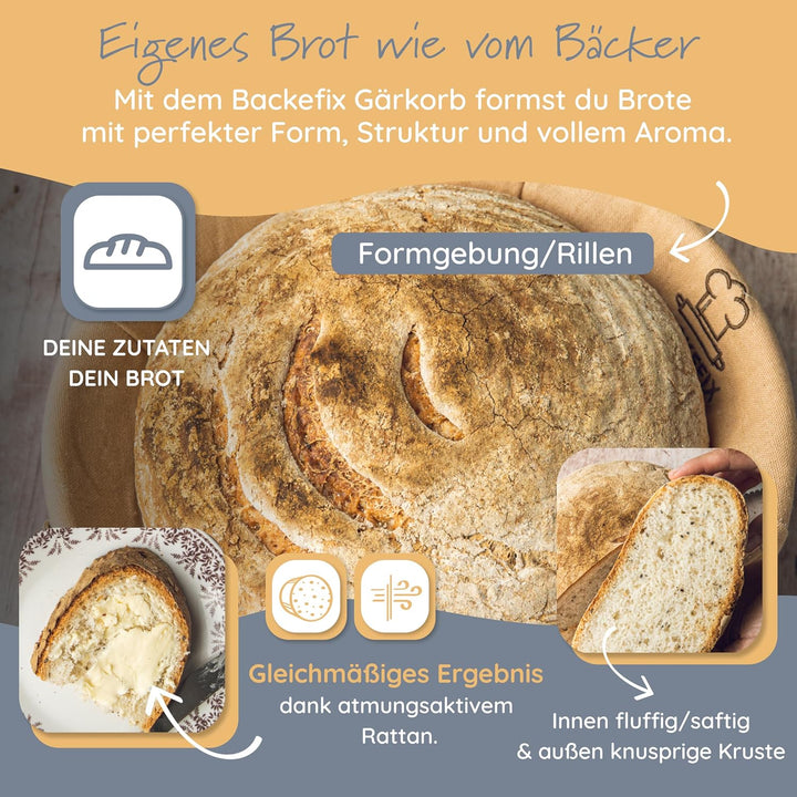 Backefix Gärkorb rund 30 cm gross | rundes Gärkörbchen für grosse Brote bis 1800g Teig | mit Leinent