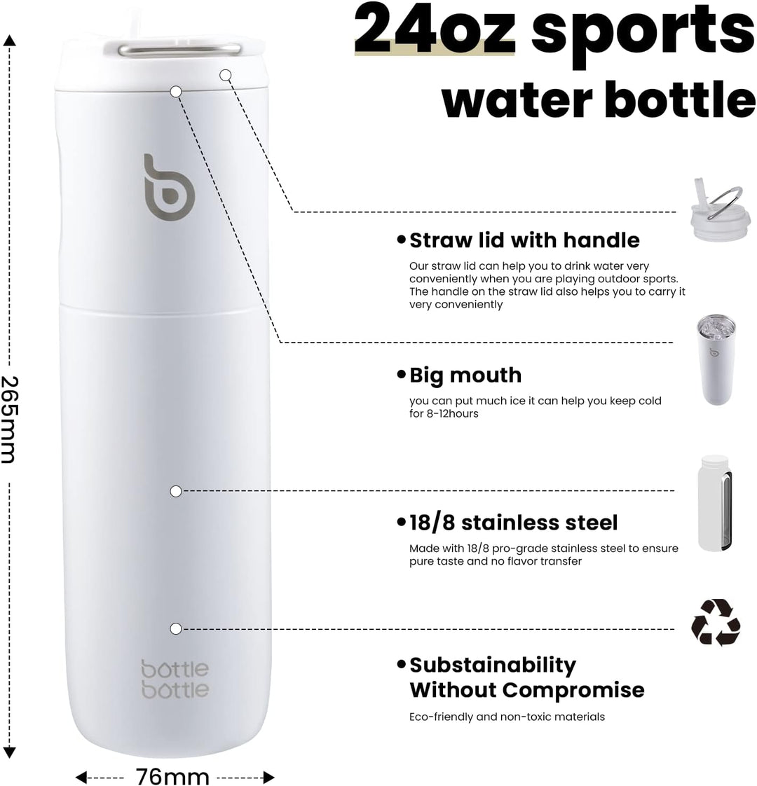 BOTTLE BOTTLE Isolierte Trinkflasche 680 ml(24oz) mit Strohhalm, Deckel und Griff für Sport, Reise,