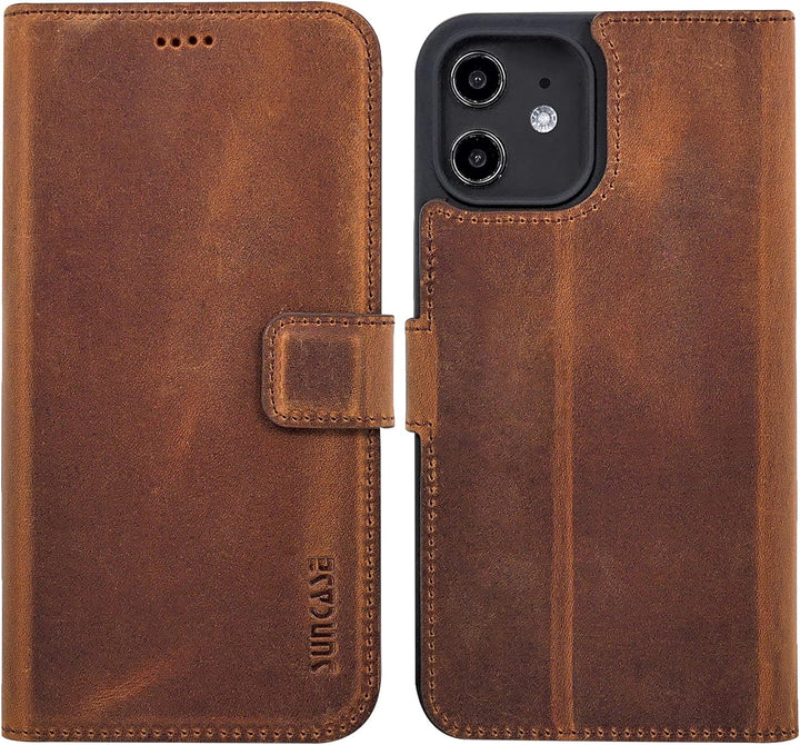 Suncase Book-Style Hülle kompatibel mit iPhone 12 (6.1") Leder Tasche (Slim-Fit) Lederhülle Handytas