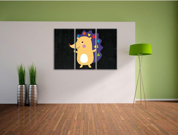 Pixxprint Niedlicher Igel schwarz 3-Teiler Leinwandbild 120x80 Bild auf Leinwand