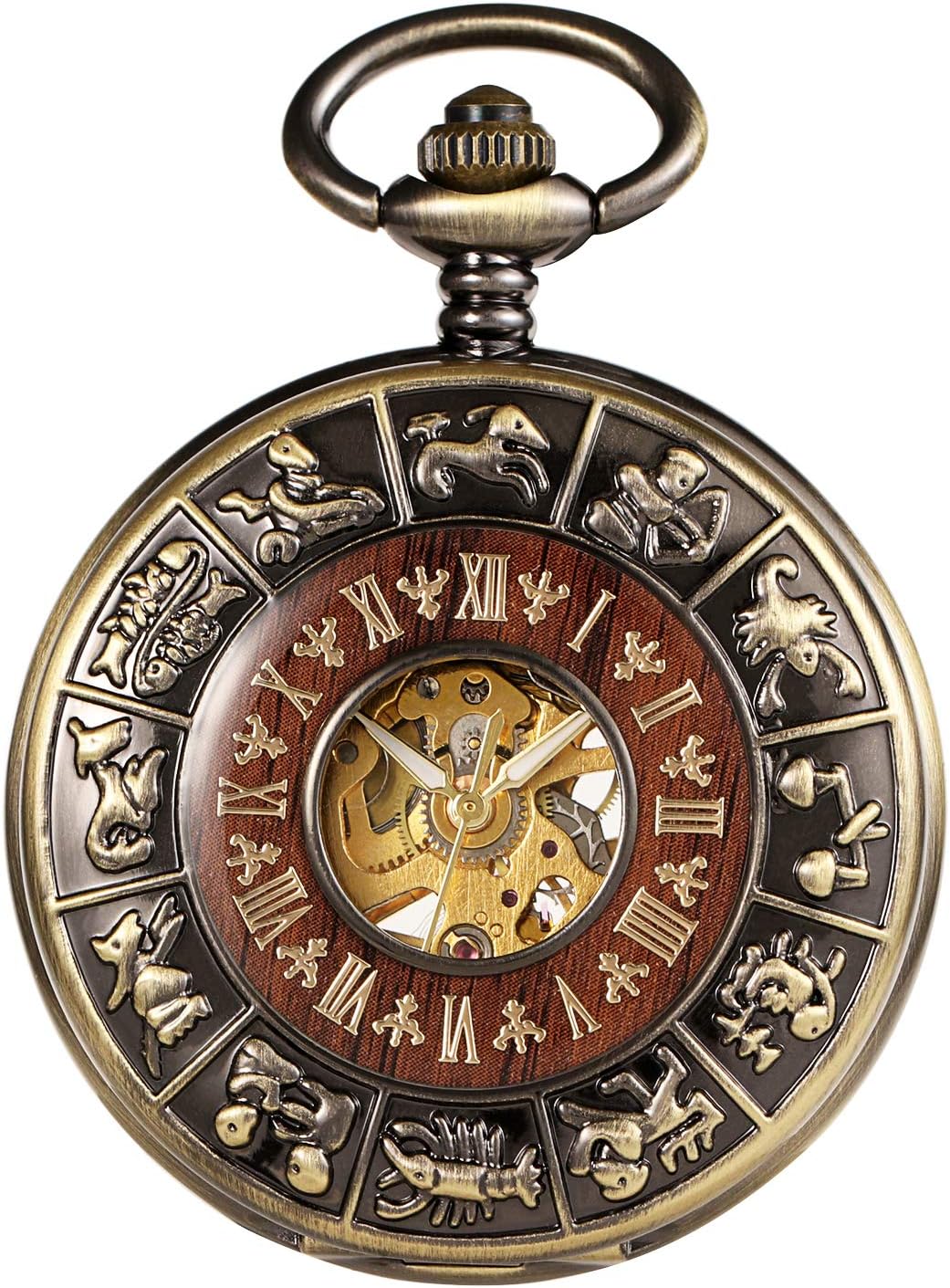 TREEWETO Unisex Holz Taschenuhr mit Kette Analog Handaufzug Römische Ziffern Mechanisch Steampunk Sk