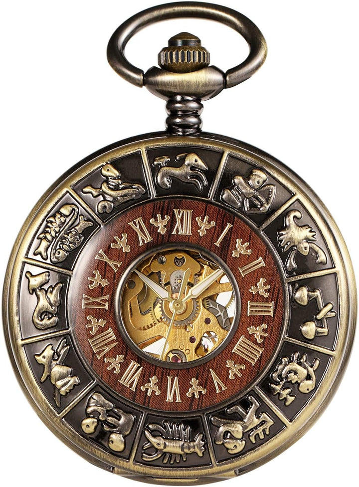 TREEWETO Unisex Holz Taschenuhr mit Kette Analog Handaufzug Römische Ziffern Mechanisch Steampunk Sk