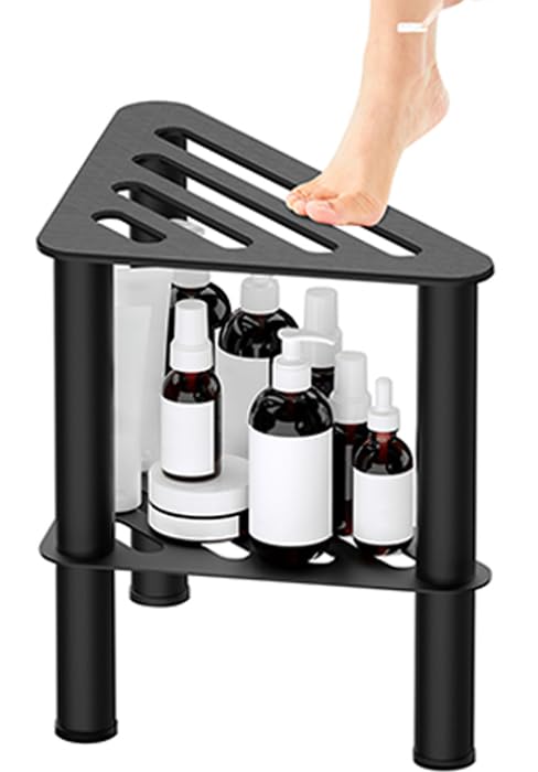 WINSTECK Rostfreier-Eck-Duschfusshocker, Duschfussstützenbank mit Ablagefach für Innendusche, 36CM H