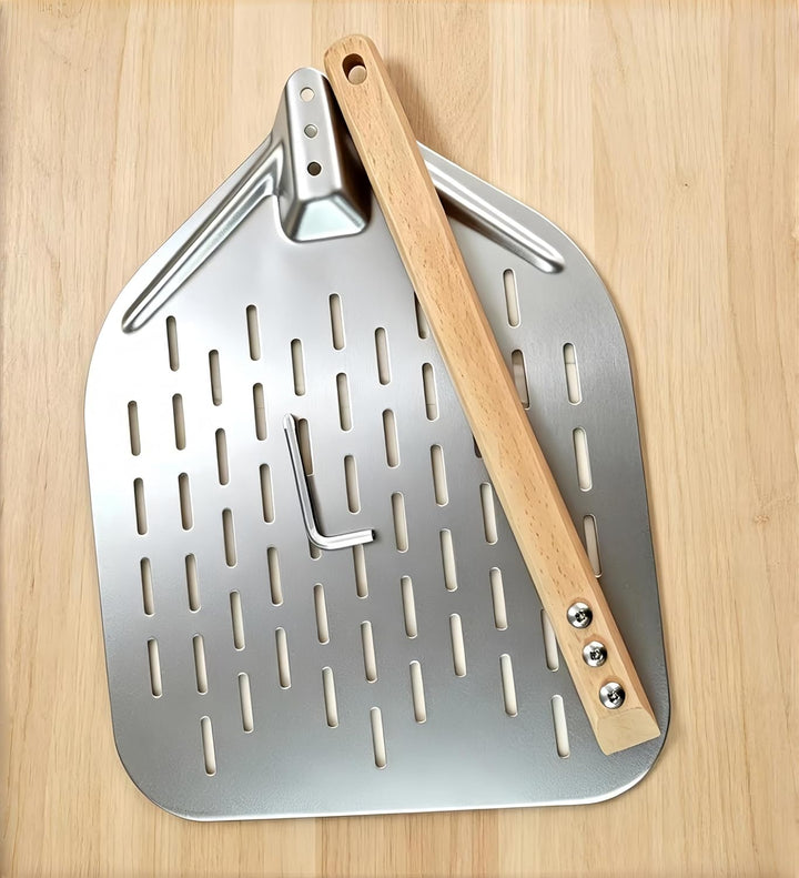 Pizzaschieber perforiert 39.5 * 30 * 70 cm – Aluminium Pizzaschaufel mit abnehmbarem Holzgriff, leic