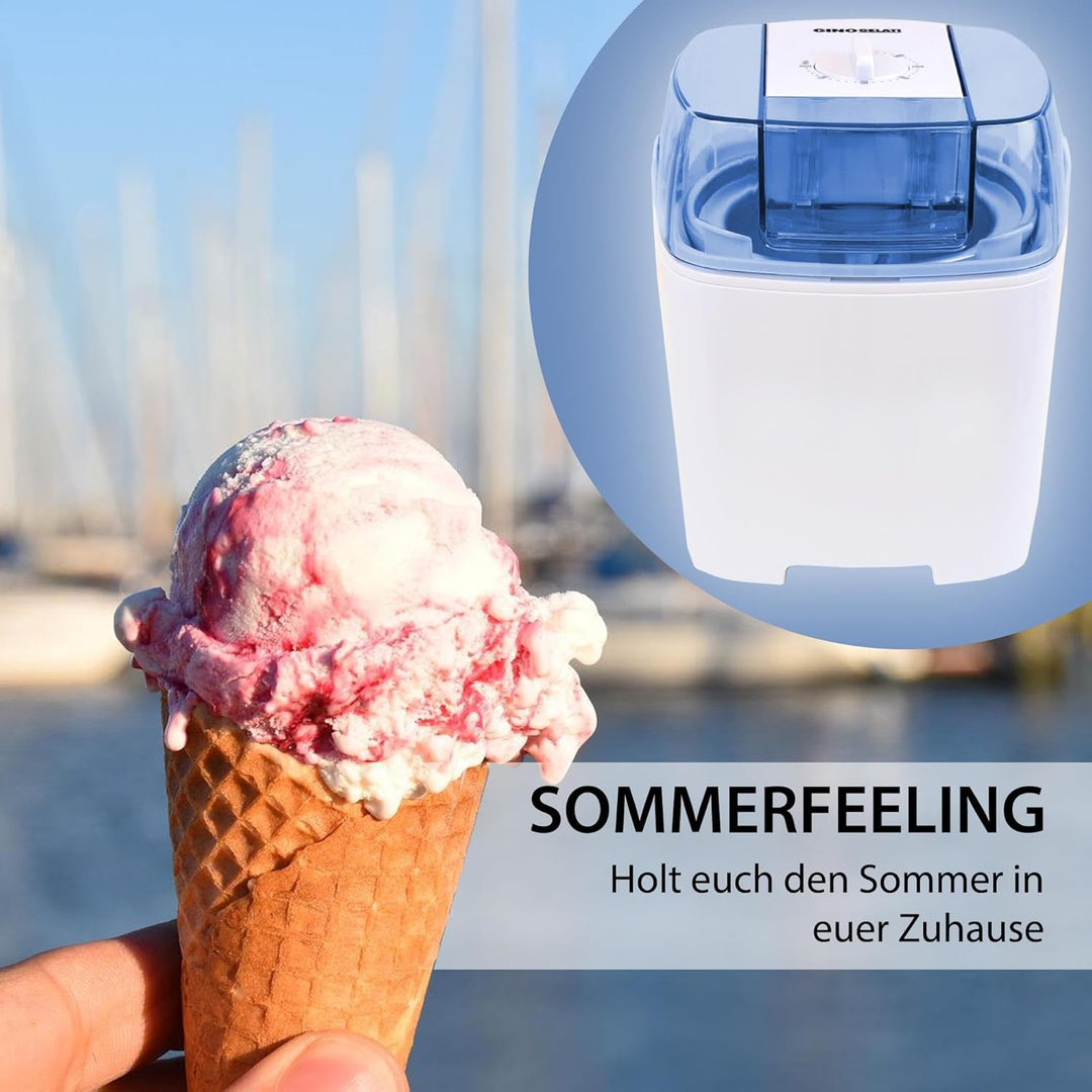 Gino Gelati Eiscreme Maschine Drions/Eismaschine Speiseeismaschine Eisbereiter, Weiss/Blau, Edelstah