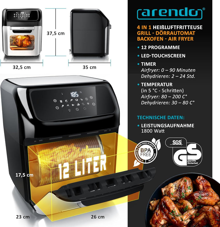 Arendo - 4 in 1 Heissluftfritteuse 12 Liter - Grill - Dörrautomat - Backofen - Air Fryer - LED-Touch