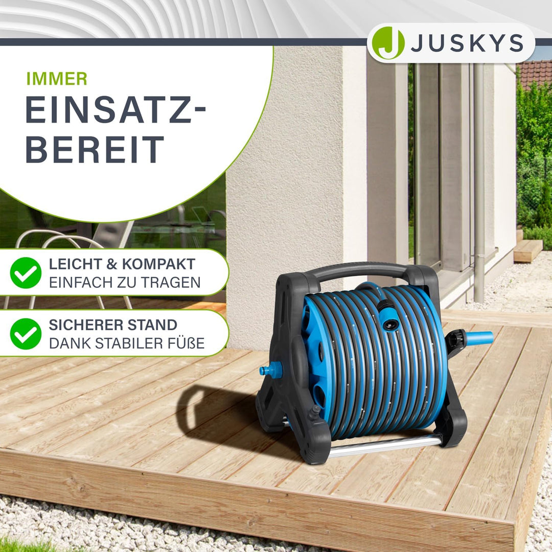 Juskys Schlauchtrommel mit 30 m Wasserschlauch und Multifunktionsbrause - Mobiler Schlauchaufroller