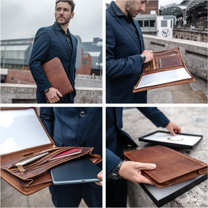 Corno d´Oro Premium Handgefertigte Konferenzmappe A4 Leder für Tablet bis 12 Zoll/Business Dokumente