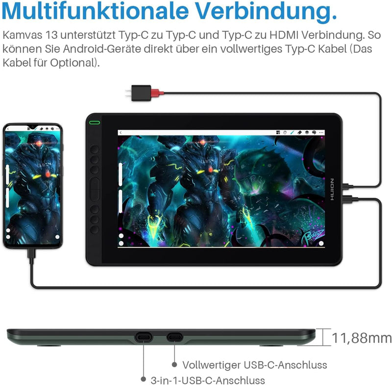 HUION Kamvas 13 Grafik-Zeichentablett-Monitor,13,3-Zoll-Unterstützung für Stiftanzeigen Voll ausgest