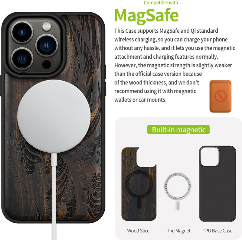 Carveit Handyhülle für iPhone 15 Pro Cover Kompatibel mit Magsafe [Holz und TPU Silikon Hybrid hülle