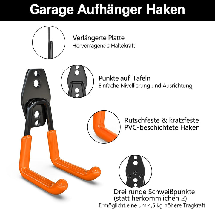 3-H Wandhaken Garage, Doppelhaken 14 Stück, Wandhaken Schwerlast für Leiter, Geräte, Luftschlauch, G