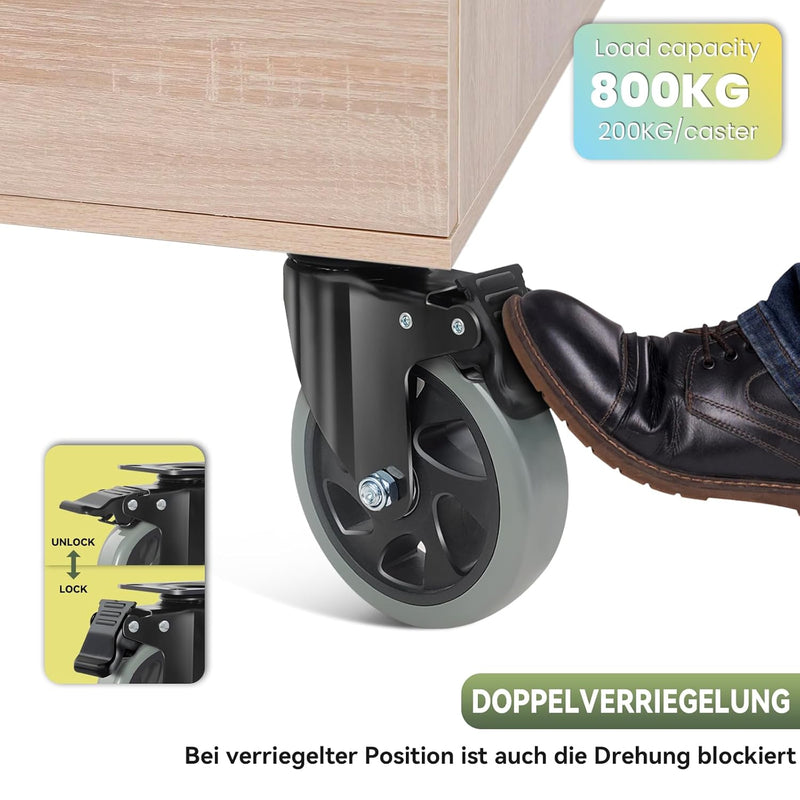 BAOLIHUI 125mm Schwerlastrollen Graue 4er Set Möbelrollen Bis zu 800KG, 360 Grad Doppelverriegelung