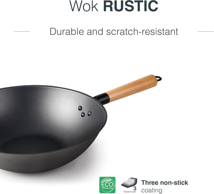 LACOR - 66128 - Wok Rustikaler, 100% natürlicher Eisen Wok mit dreilagiger Antihaftbeschichtung, PFO