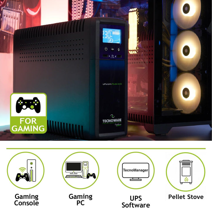 Tecnoware Power Systems - UPS EXA PLUS 1500 VA, Blackout-Schutz für PCs & Spielekonsolen, AVR-Techno