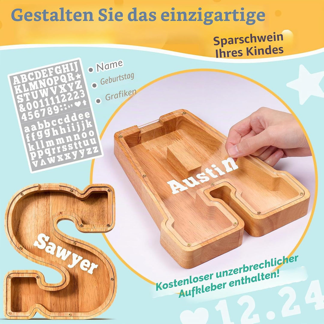 Summidate Personalisierbares grosses unzerbrechliches Sparschwein aus Holz, Spardose für Kinder, Kle