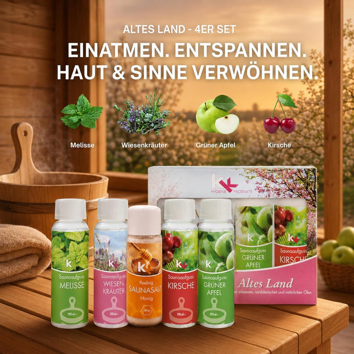 KK Sauna -Set mit Salz Peeling | KK Saunaaufgussset"Altes Land" 4 x 100 ml + 200 g KK Saunasalz"Honi