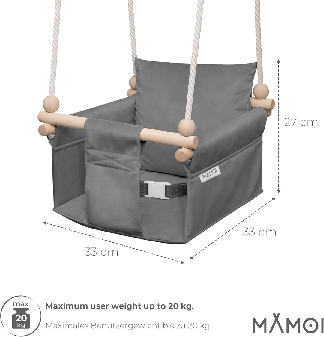 MAMOI® Babyschaukel Kinderschaukel Holz + SICHERHEITSGURT, Schaukel für Kinder Garten Indoor Outdoor