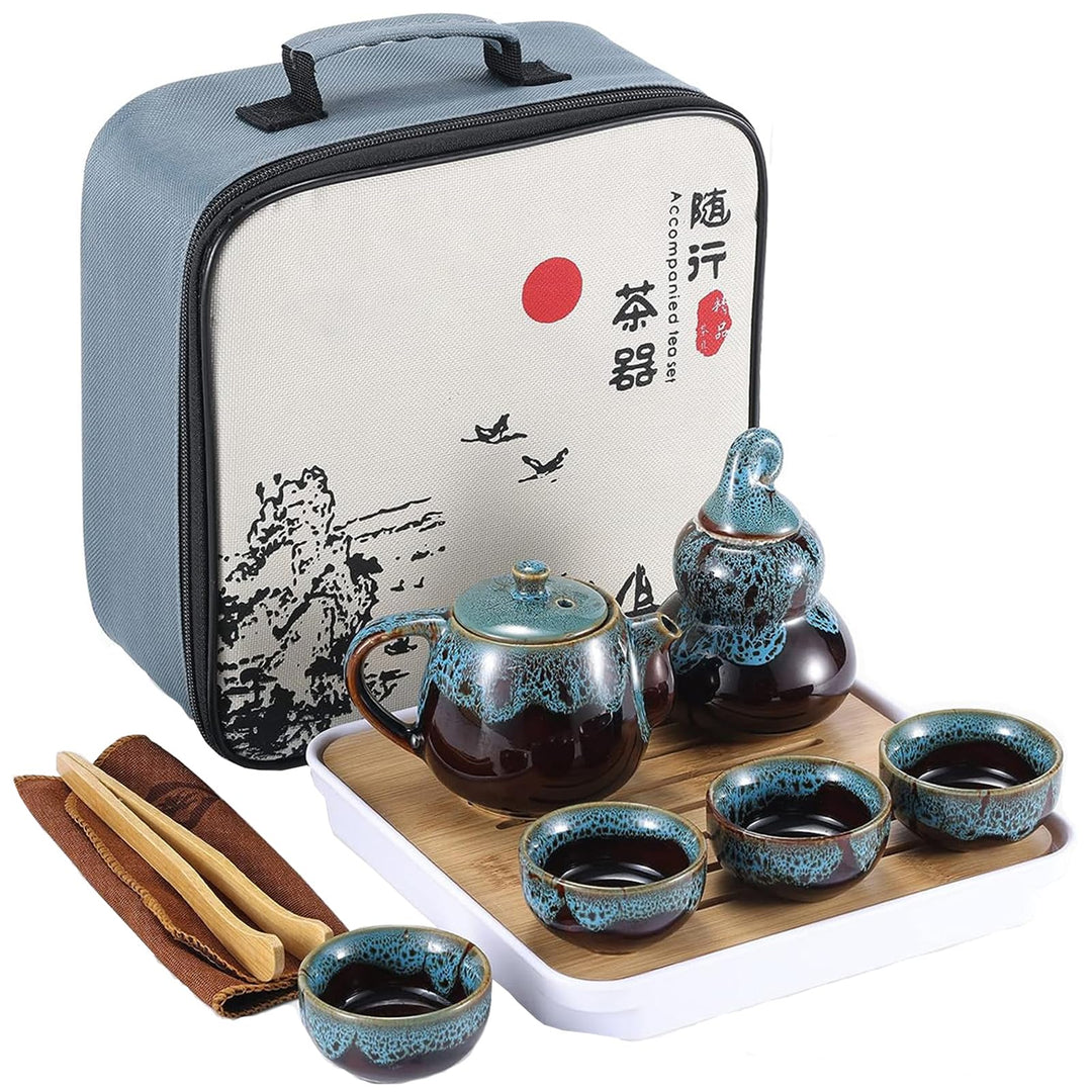 Chinesisches Kongfu Tee Set, Tragbares Porzellan Reise Teeservice mit Teetasse, Teekanne, Teematte B
