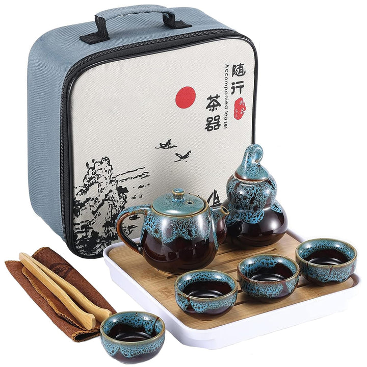 Chinesisches Kongfu Tee Set, Tragbares Porzellan Reise Teeservice mit Teetasse, Teekanne, Teematte B