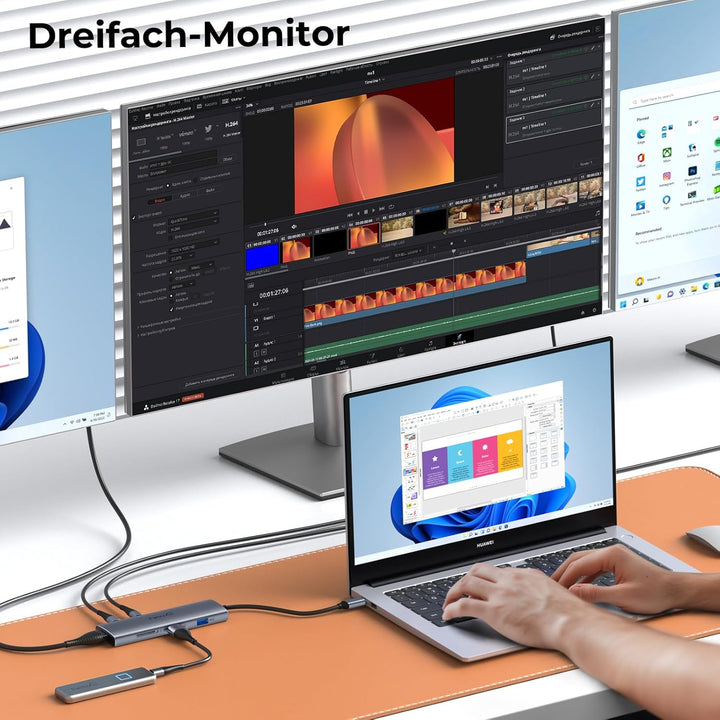 USB C Video Hub mit Dual/Triple Monitor Support, 4K@30-60Hz HDMI, 100W PD, 6X USB 10 Gbit/s, SD4.0,