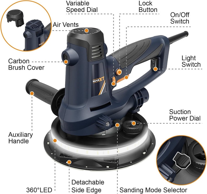 MAXXT 810W Handschleifmaschine für Trockenbau, Elektroschleifmaschine für Wände, 1500-2800RPM variab