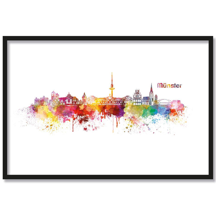 JUNIWORDS Poster mit/ohne Holzrahmen, Wähle ein Motiv, Aquarell Skyline Münster, Wähle eine Grösse,