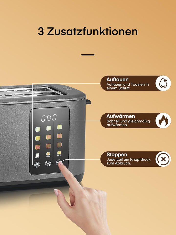 Toaster 4 Scheiben, 1400W Edelstahl Langschlitz Toaster, 9 Farbeinstellungen und 3 Brotsorten, Abbru