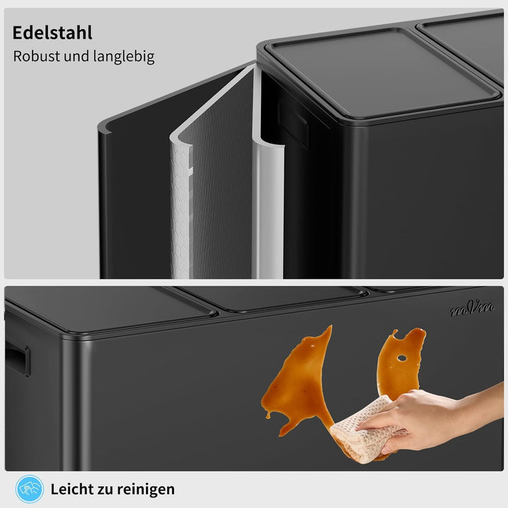 mVm Mülleimer Küche,45 Liter Treteimer,3 x 15 Liter Treteimer, 3 Fächer, Mülltrennsystem, Abfalleime