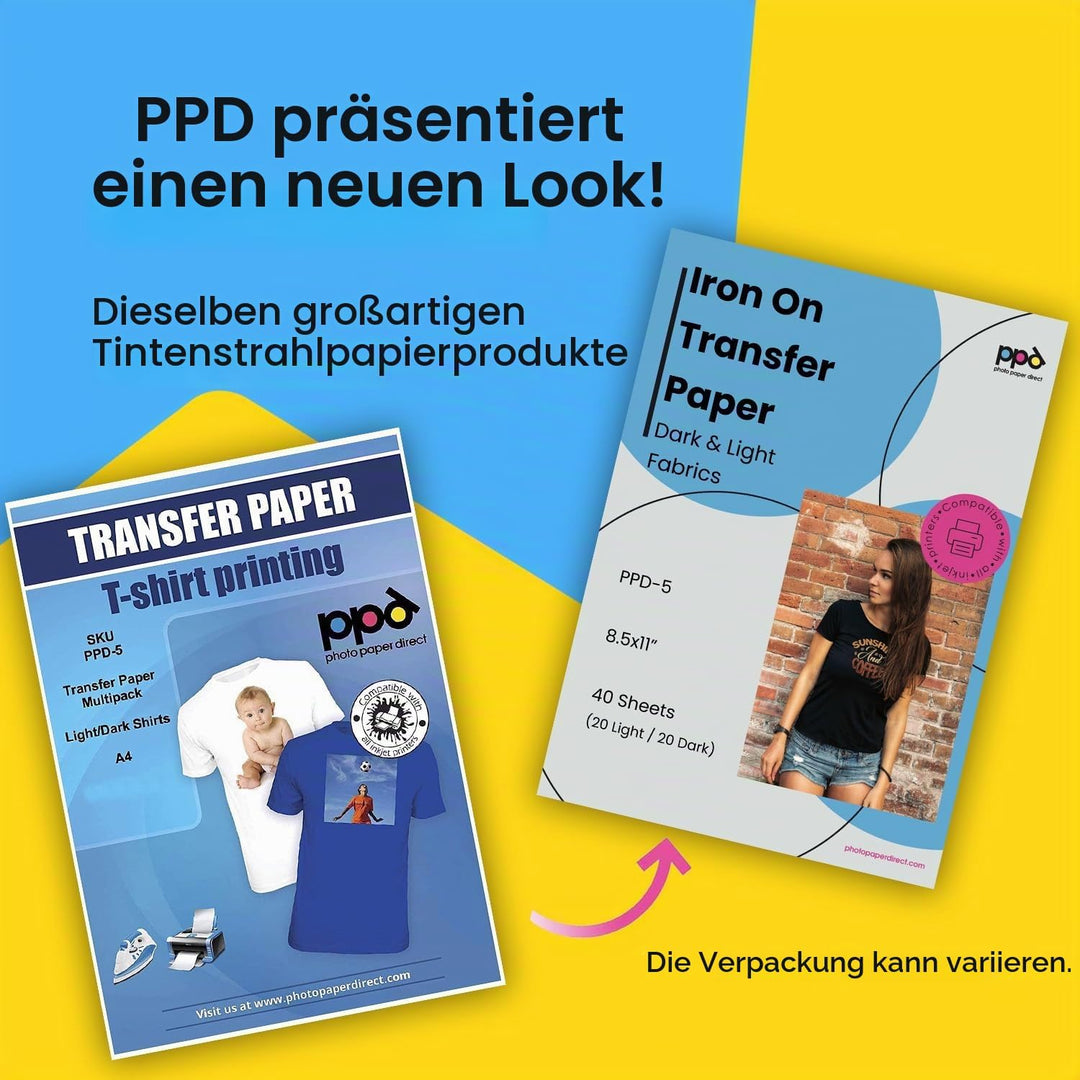 PPD 40 x A4 Inkjet Premium Transferpapier Hell/Dunkel, für Bügeleisen und Transferpresse PPD-5-40