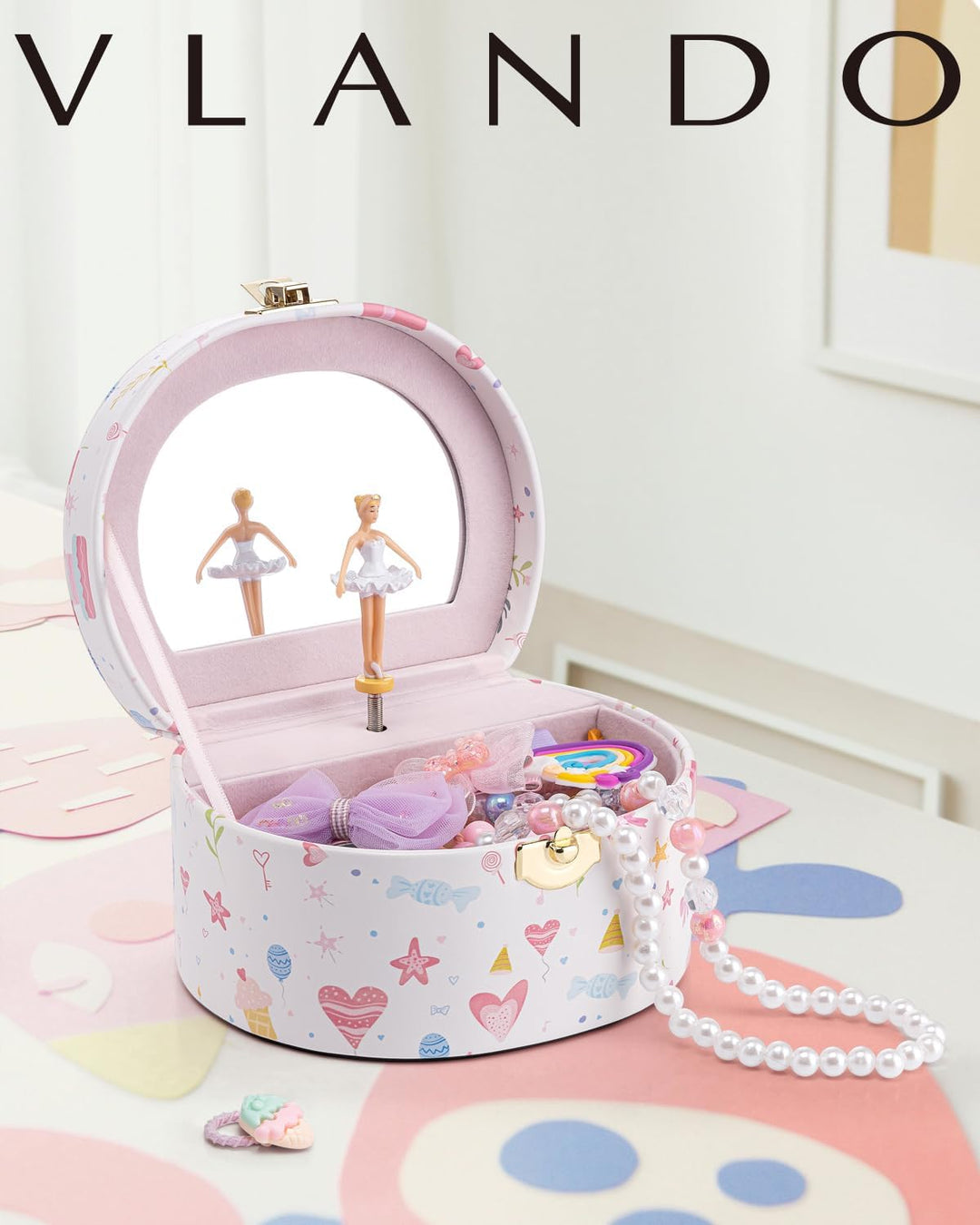 VLANDO Schmuckkästchen Mädchen mit Spieluhr, Schmuckkasten Kinder mit Drehendem Ballerina & Spiegel,