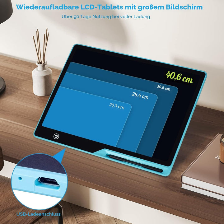 LCD Schreibtafel Kinder 16 Zoll Wiederaufladbar, Maltafel Zaubertafel Bunter Bildschirm Kleinkinder