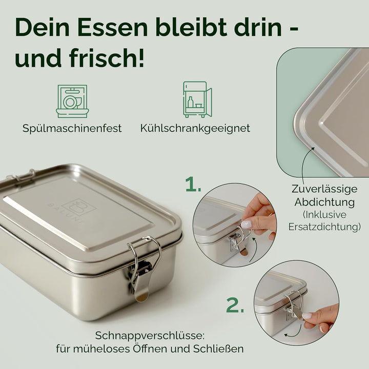Premium Edelstahl Brotdose – Nachhaltige &amp; plastikfreie Lunchbox mit Trenner, Ersatzdichtung &amp; Trans