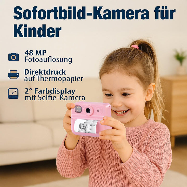 Sofortbildkamera: Kinder-Sofortbild-Kamera mit Selfie-Objektiv, 2"-Display, 48 MP, pink (Sofortbildk