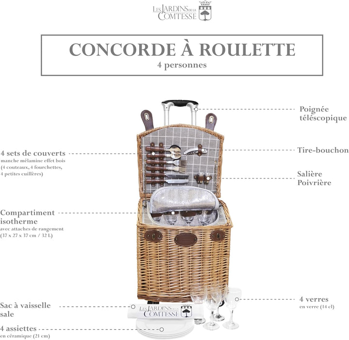 Les Jardins de la Comtesse - Picknickkorb mit Rollen Concorde – 4 Personen – 41 x 35 x 50 cm