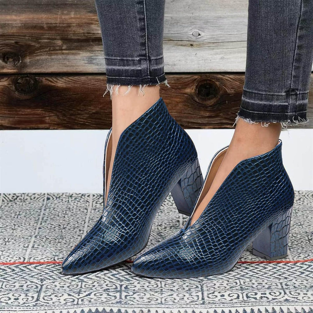 Stiefeletten Damen, Stiefeletten mit Absatz Blockabsatz Kurzschaft Schlangenhaut Winterstiefel Elega