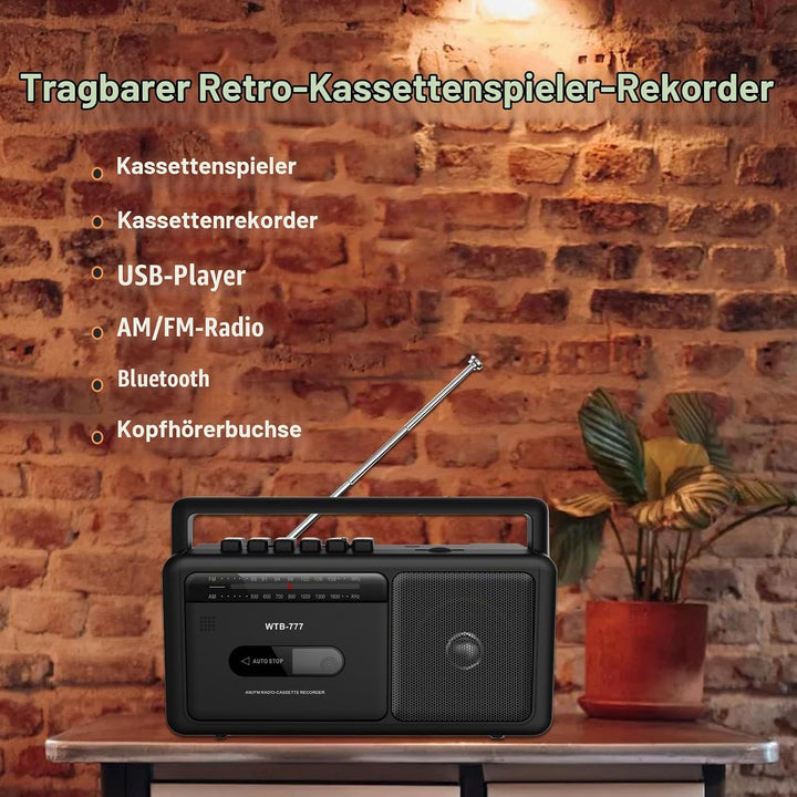 Tragbare Kassettenspieler Boombox,Vintage-AM/FM-Stereoradio mit Bluetooth, USB, Kopfhöreranschluss,