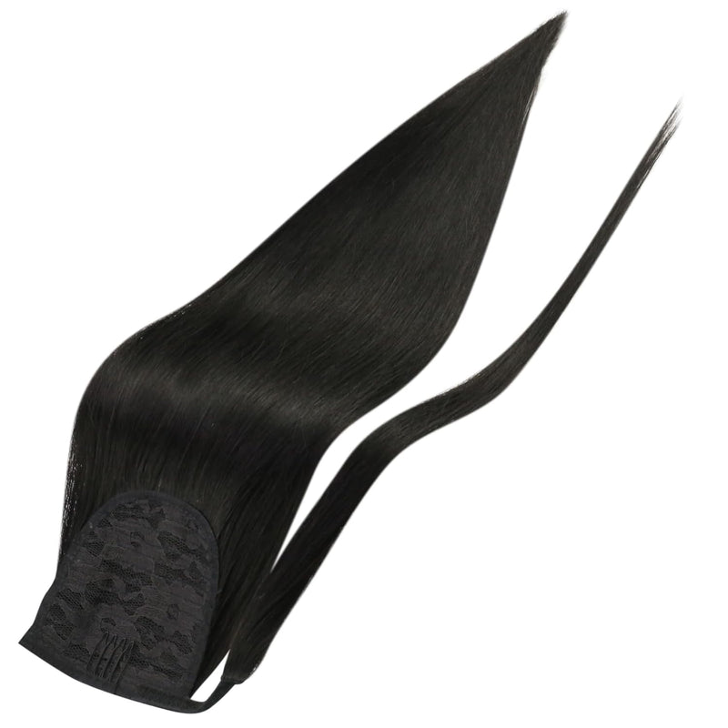 Fshine Ponytail Echthaar Extensions Schwarz 40cm 80g Pferdeschwanz Haarteil Echthaar Clip in Wickeln