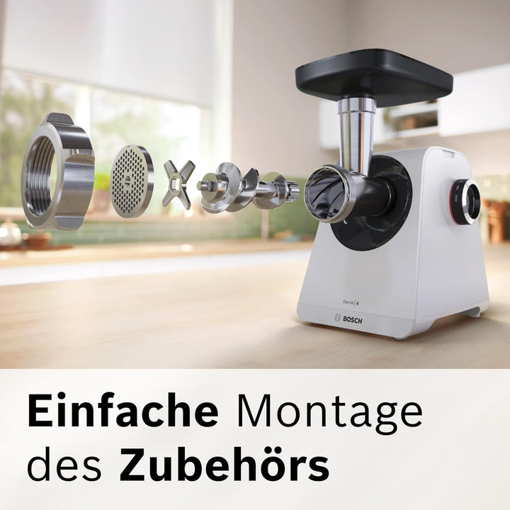 Bosch Fleischwolf Serie 4 MFWS420W, kompakt, 2 Stufen, 2 Lochscheiben (3 & 8mm), Wurststopfer, 10 J