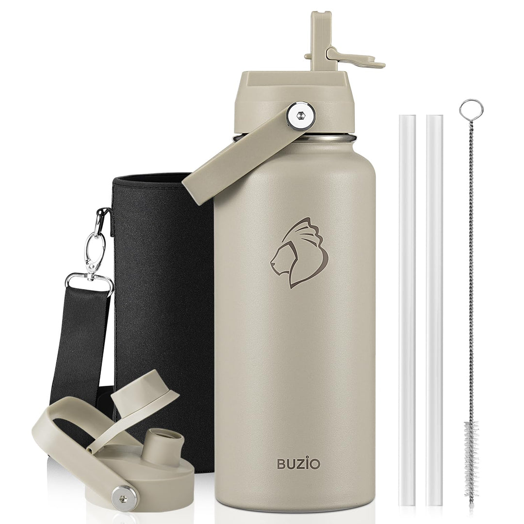 BUZIO 1L Edelstahl Trinkflasche isoliert mit Strohhalm &amp; Ausgussdeckel | Metall-Wasserflasche hält 4